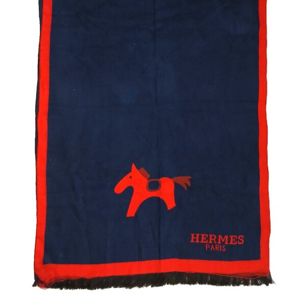 HERMÈS Luxury Vintage Navy Blue & Red H Horse Logo Motif Shawl Wrap Scarf - Picture 1 of 15